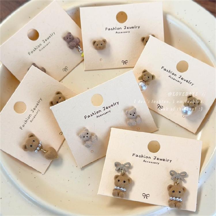 Coffee Flocking Bear Earrings Comfortable Ear Studs Student Fashion Accessories for Daily Commute or Social Event
