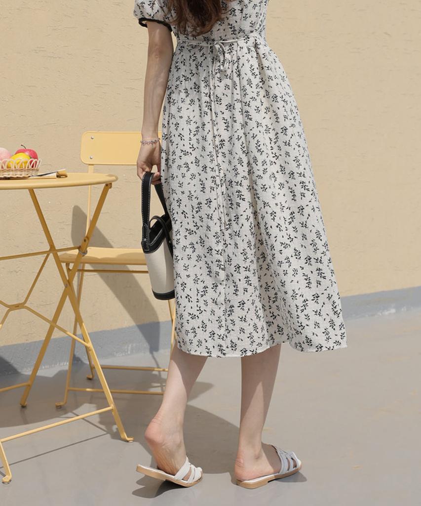Ppaeppae Square Neck Floral Puff Sleeve Short Sleeve Long Dress
