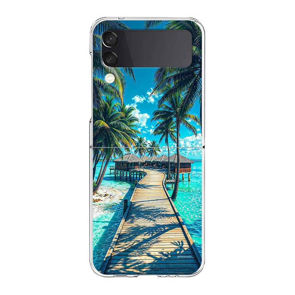 Phone Cover For Samsung Galaxy Z Flip 7 6 5 4 Case Transparent For Samsung Z Flip 3 Hard PC Foldable Sunset Coconut Tree Pattern