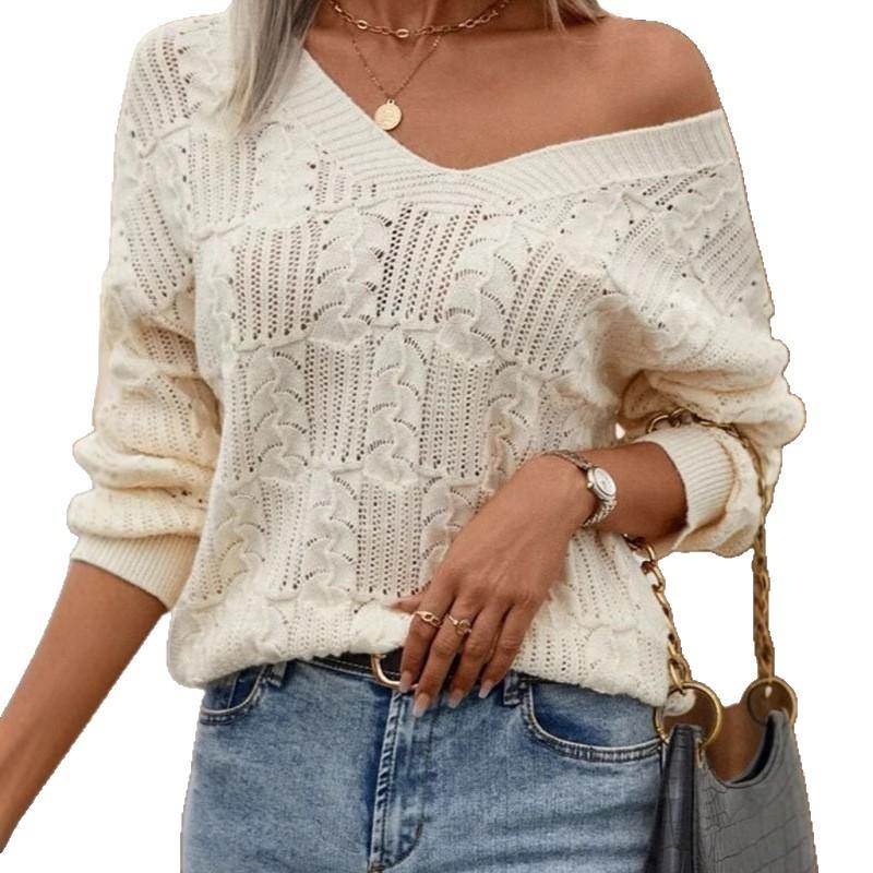 Fashion Women's Sweater, European and American Foreign Trade V-neck Back Hollow Lace-up Knitted Versatile Top Women