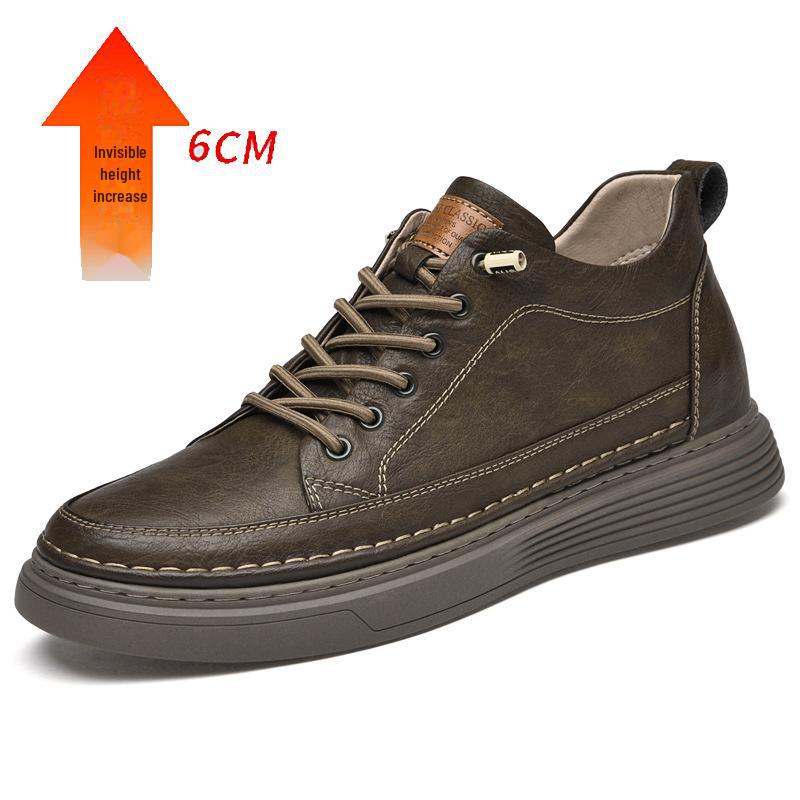 Zapatillas de Hombre de Piel de Vaca con Suela Gruesa: Zapatos de Moda de Caña Baja, Casuales Británicos de Cuero, Talla Grande, que Aumentan la Altura