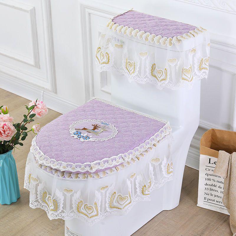 Universal European Style Double-Sided Toilet Seat Cover Set with Zippered Lace Fabric - All Seasons, Three-Piece Set.