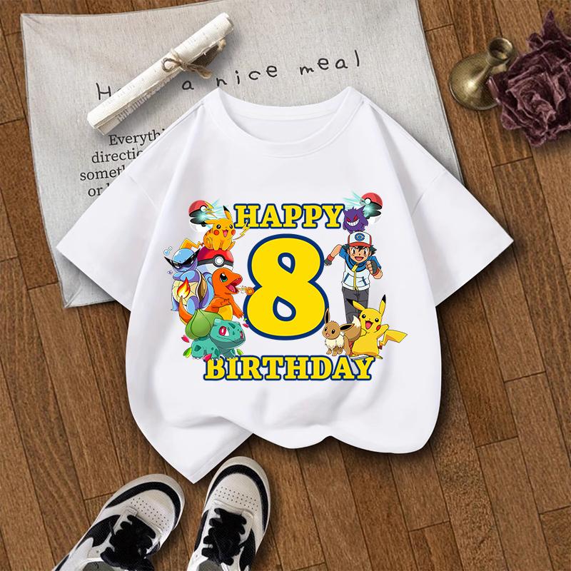 T-shirts d'anniversaire pour enfants, motif Pokémon, Pikachu, manches courtes, imprimés, vêtements d'été