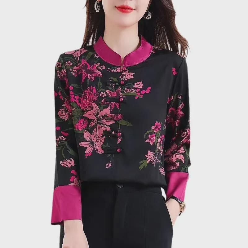 2024 Summer Women's Long-Sleeve Silk Shirt, Retro Chinese-Western Fusion Style