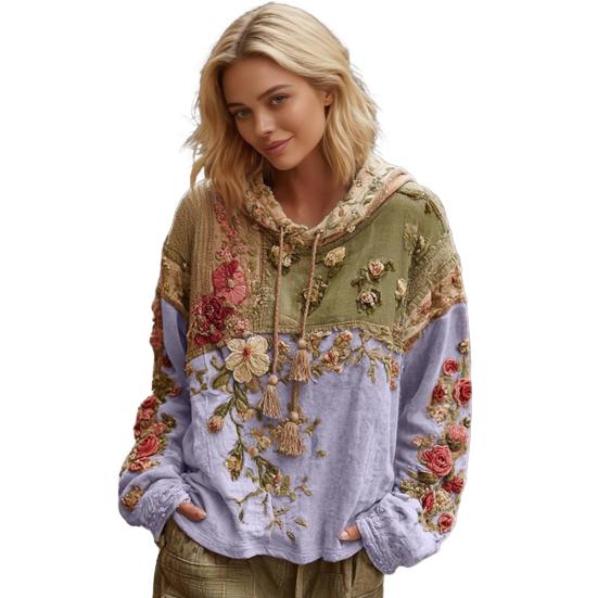 Hanorac patchwork cu imprimeu floral pentru femei, supradimensionat, vintage, pulover, toamnă, casual, mânecă lungă, ținută cu glugă
