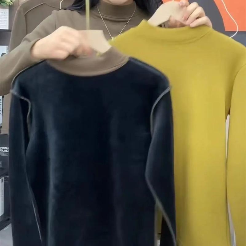 Integrovaný sametový hřejivý top Slim dámský pulovr Plyšový zateplený Polovysoký límec Spodní tričko Jednoduché ležérní Cestování Podzim Zima