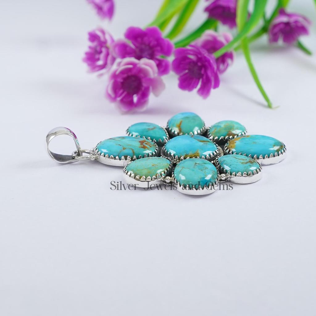 Turquoise Cluster Pendant, 925 Sterling Silver Pendant, Natural Arizona Turquoise Pendant, Gemstone Pendant, Anniversary Pendant