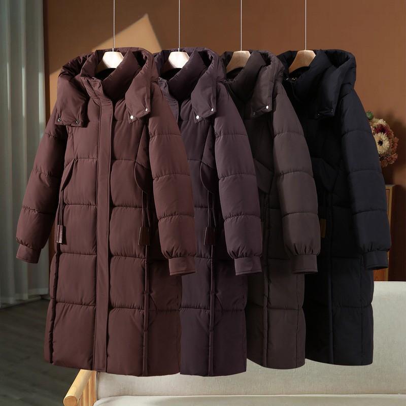 Womens Oversized Long Winter Coat With Hood Thick Cotton-Padded Outerwear Mid-Length Black Red Purple Coffee