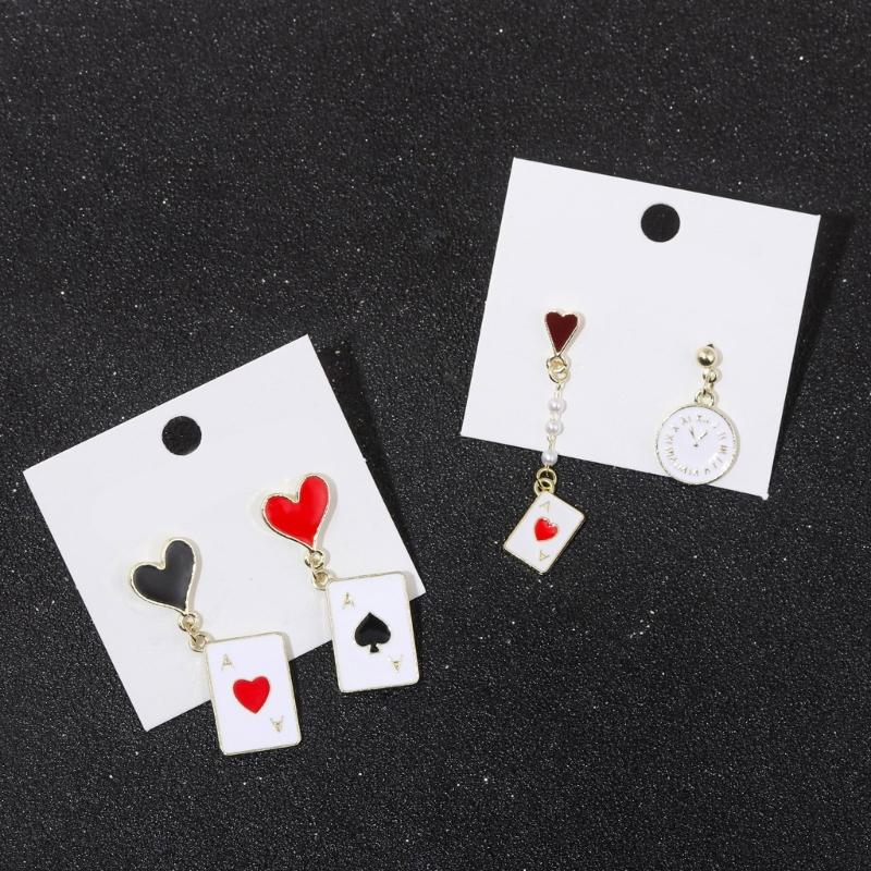 2 Pairs Trendy Clock Poker Card Drop Earrings Asymmetric Ear Accessories Stylish Earwear for Festivals and Gatherings