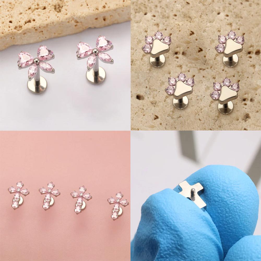 High-Quality F136 Titanium Alloy Pink Zirconia Stud Earring Set Fashionable Cartilage and Lip Piercing Jewelry for Men and Women