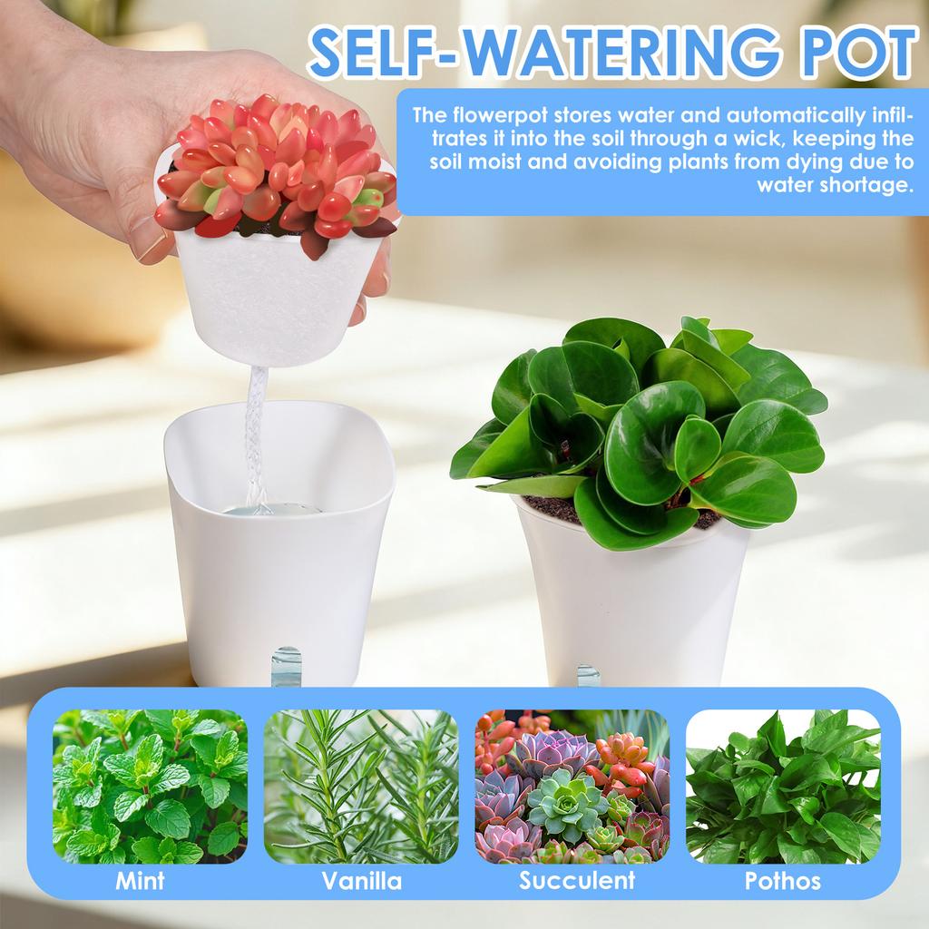 10 st Självvattnande Blomkruka Dubbelskikts Plast Planteringskruka med Bomullssnöre & Genomskinlig Innerkopp Trädgård Liten Blomkruka