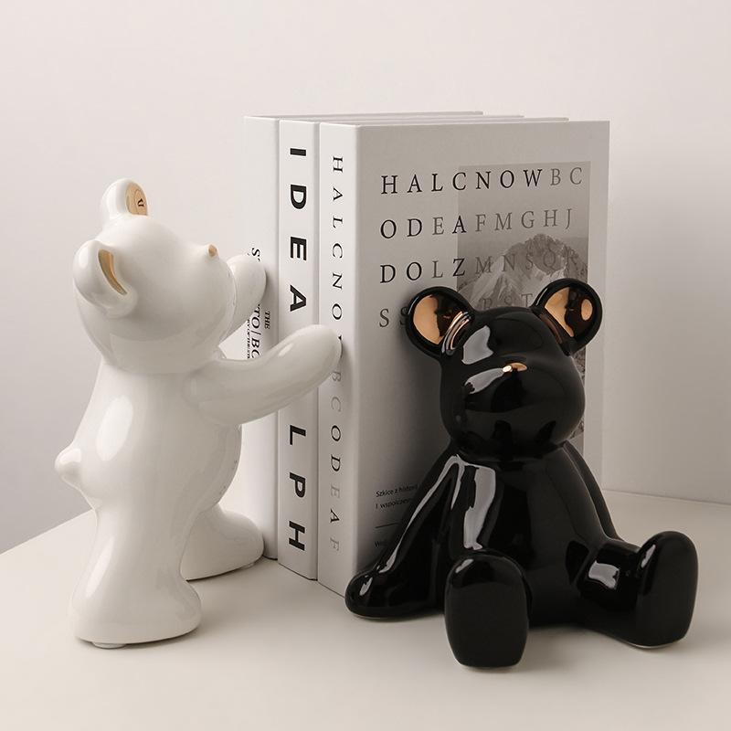 Creative Plating Bear Bookend Desktop Display Cartoon Animal Ceramic Bear Bookend Sculpture Crafts Entrance Ornaments Decoration
