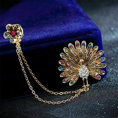 Mode Quasten Brosche Vintage Glänzender Kristall Tier Pfau Offene Doppelkette Lieblich Blume Herren Damen Brosche Schmuck Accessoire