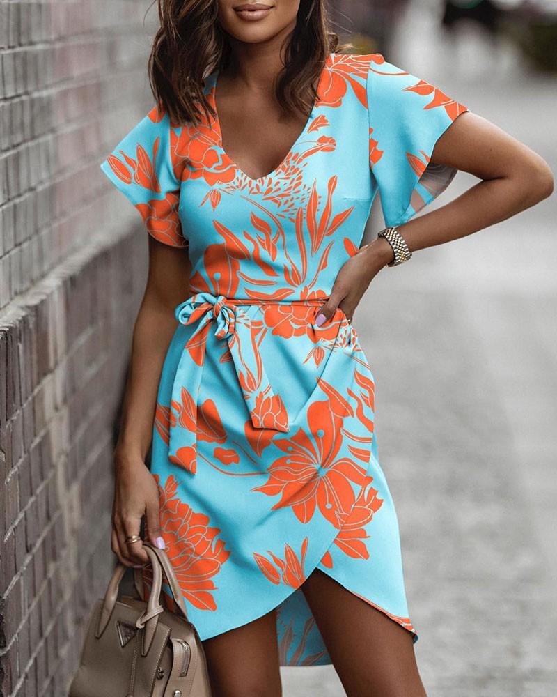 Dame V-hals Kort ermet Knyte midje Blomstermønstret Casual Sommerkjole med Asymmetrisk fald