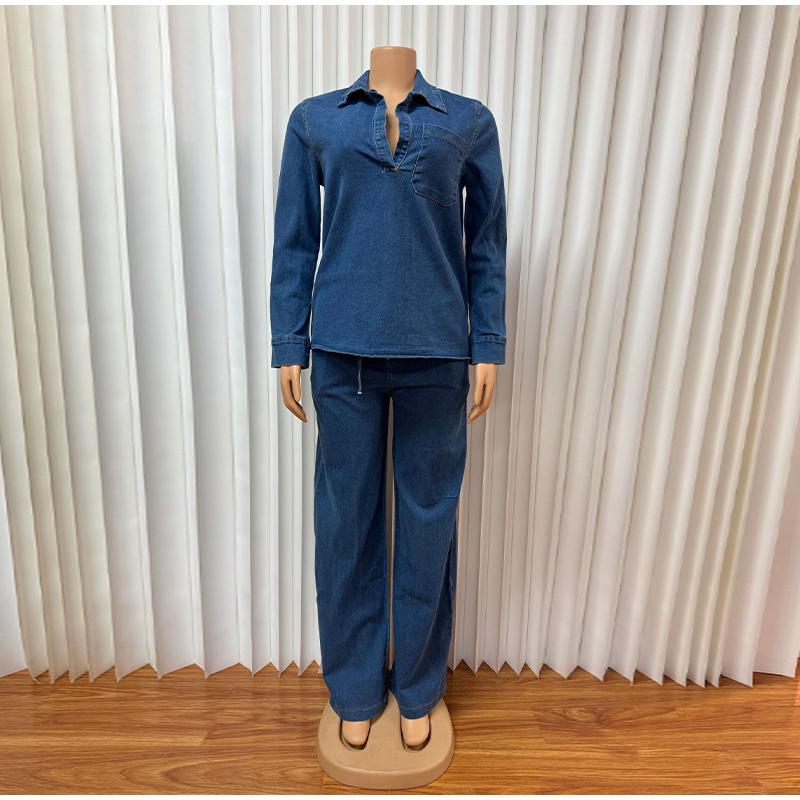 

Женский комплект из двух предметов, джинсовые брюки, пальто с лацканами и длинными рукавами, широкие брюки, джинсы, женские однотонные наряды из 2 предметов, весна-осень 2025 г. 3XL синий