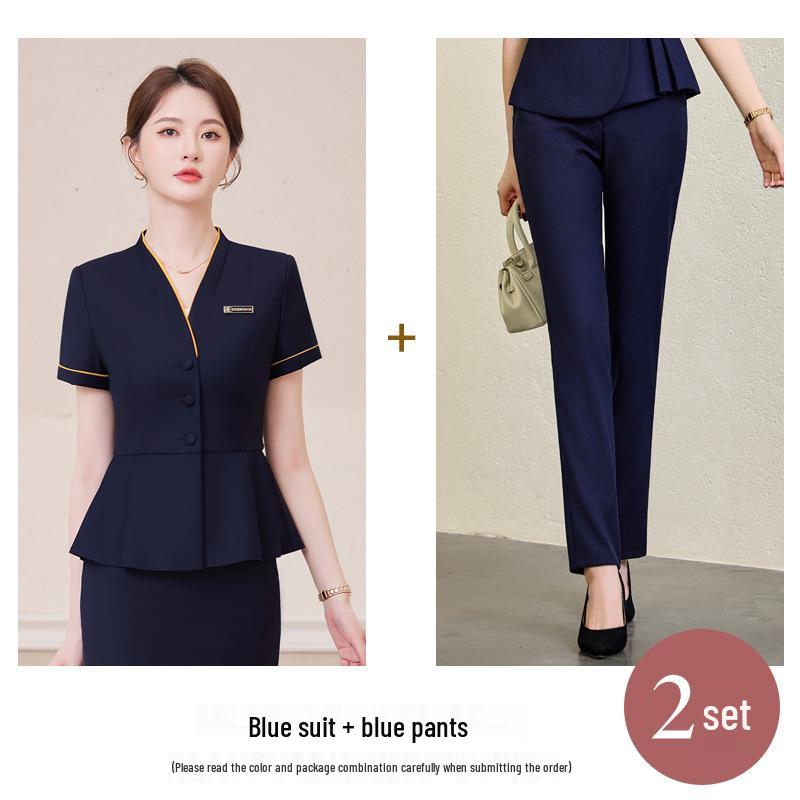 Women's 2025 Summer Collarless Short Sleeve Suit Set for Professional Jewelry Store/Hotel Reception Staff