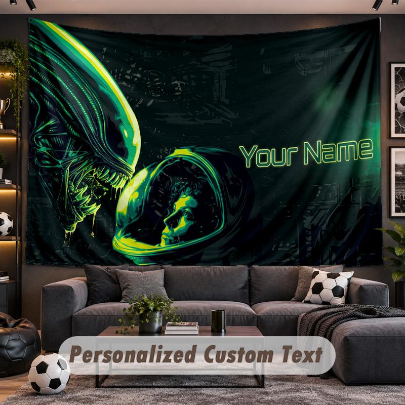 Alien Xenomorph Personalized Tapestry Support Custom Name, Wall Art Home Decoration