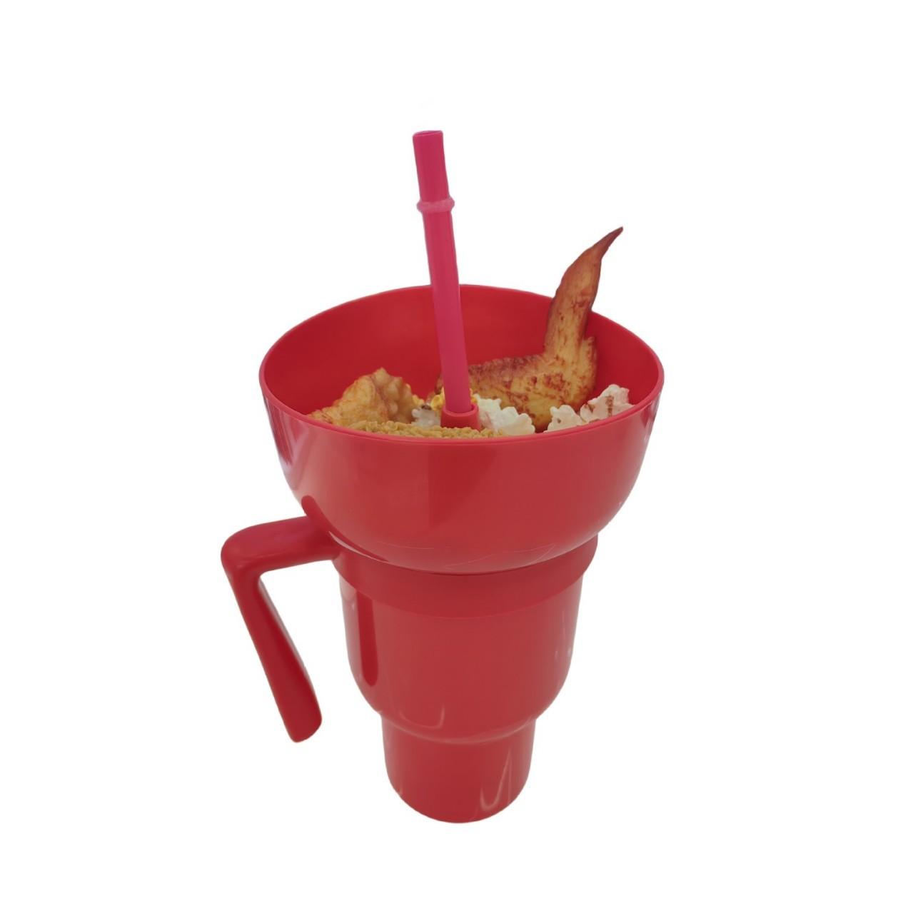 

New 2 IN 1 Creative Popcorn Snack Cup Integrated Beverage Cup with Handle & Straw Leak Proof for Adults Children Cinema Party красный