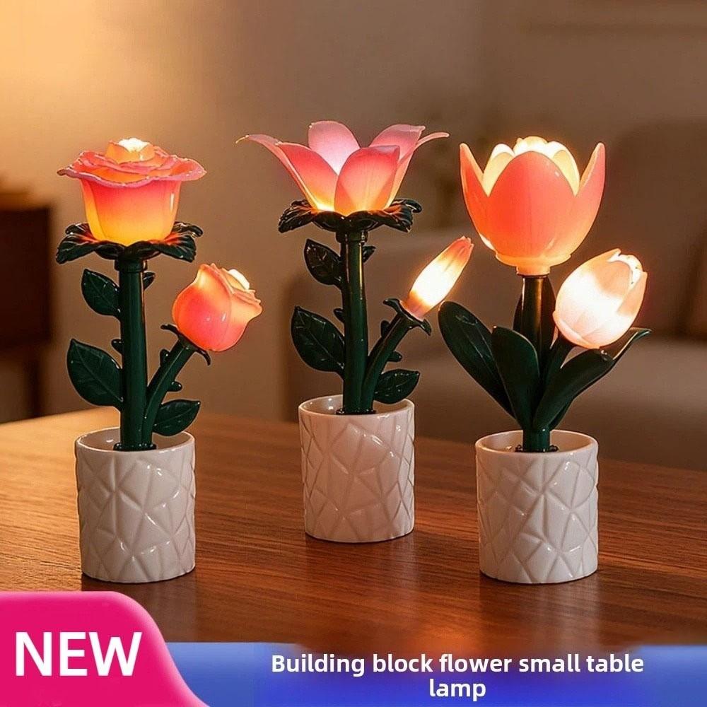 Rosa Blume Tischlampe Kunststoff Tulpe/Rose/Azurblaue Orchidee Lampenornament Baustein-Stil Schreibtischdekoration