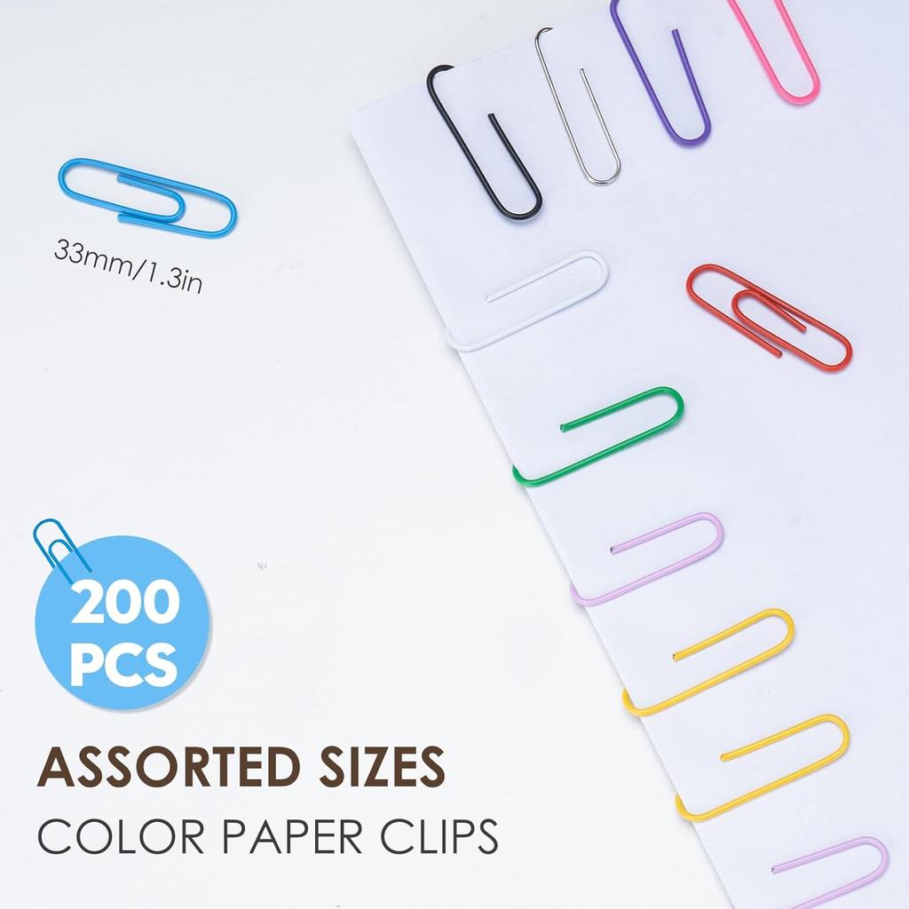 200 Pcs Medium 33 mm/1.3Inch Size Colored Paper Clip with Plastic Box Coated Metal PaperClips Office for School and Personal Use