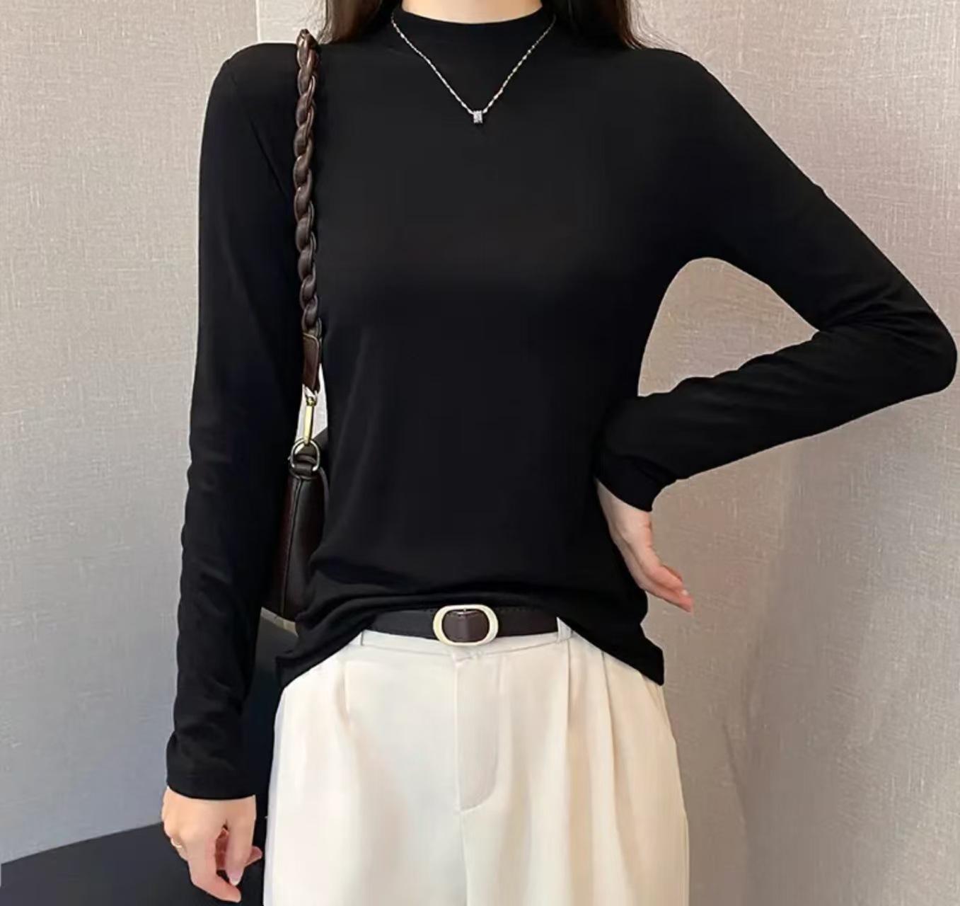 

Women s Black Slim-Fit Long Sleeve Mid-Neck Top for Spring/Autumn L (47.5-57.5 kg) чёрный