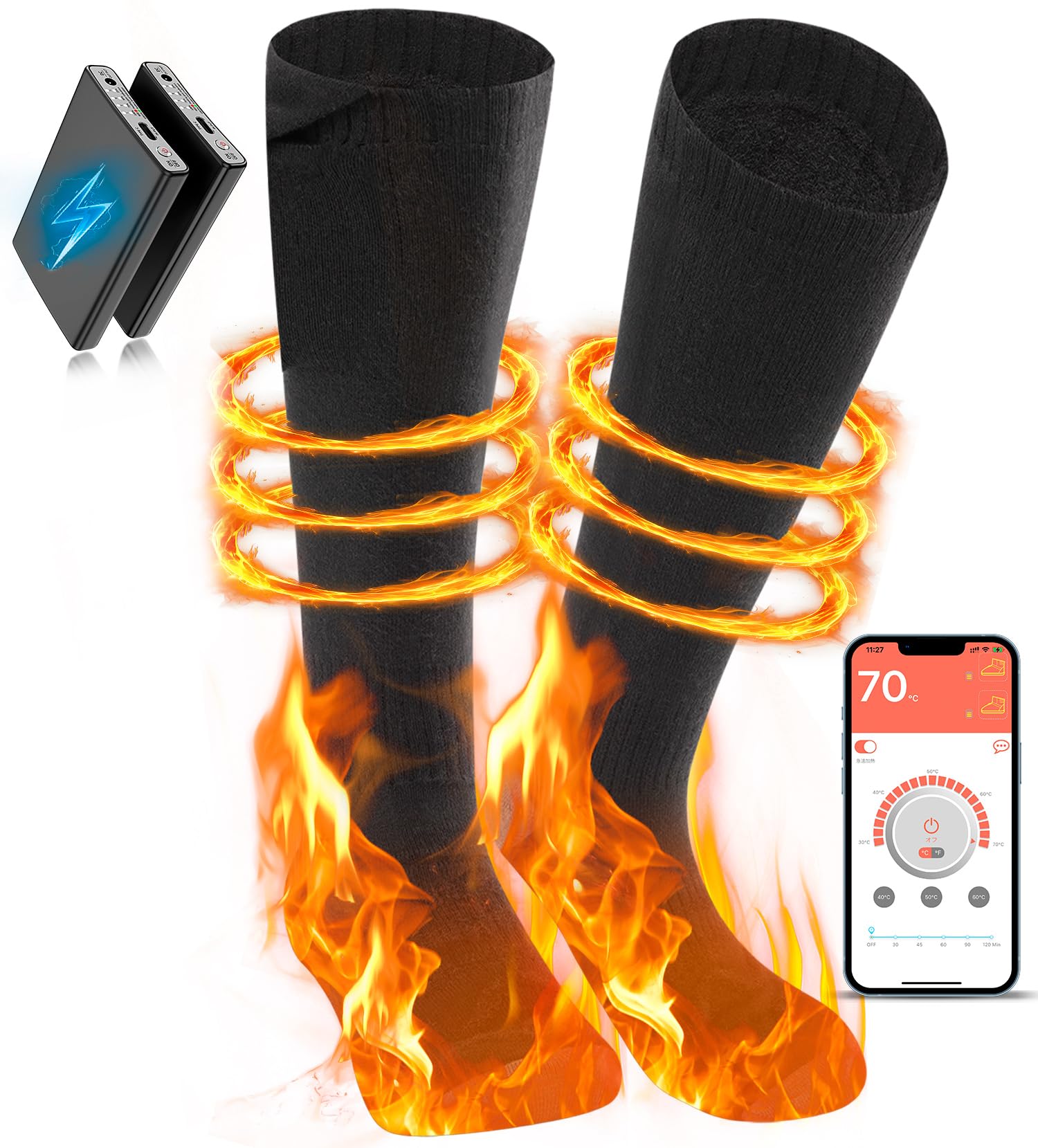 

Электрические носки с подогревом с двумя батареями 6000 мАч, регулировкой температуры, быстрым бесступенчатым нагревом, для холодной погоды, для ног, спортивные, унисекс, элементы, приложение,