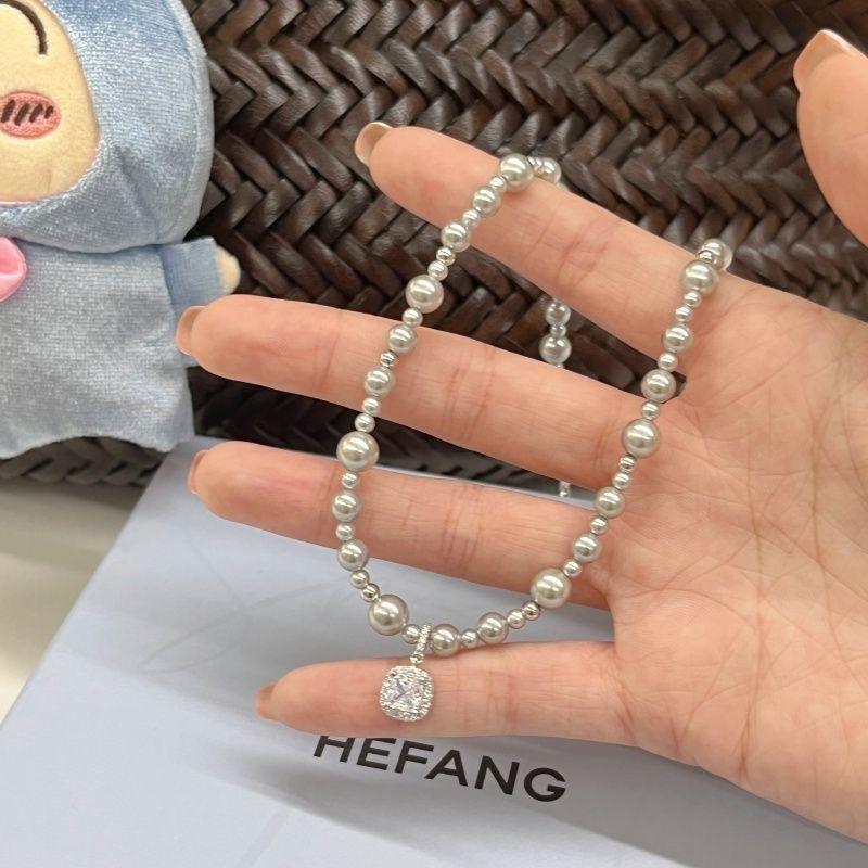 Square Diamond Grey Pearl Necklace Women's Premium Removable Pendant Decorative Clavicle Chain Temperament Sweater Chain