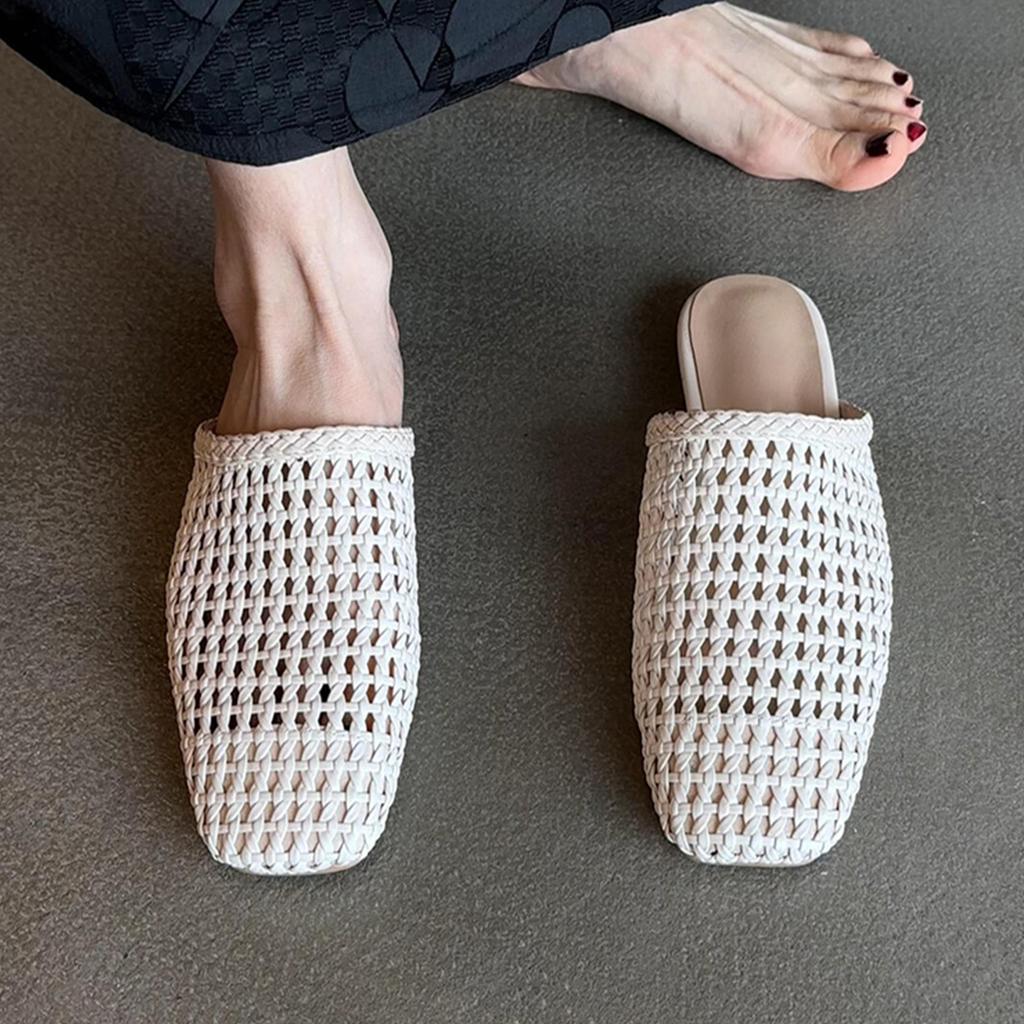 Hand-woven mesh yarn bag head sandals women's French versatile hollowed-out outer wear square head flat bottom half slippers