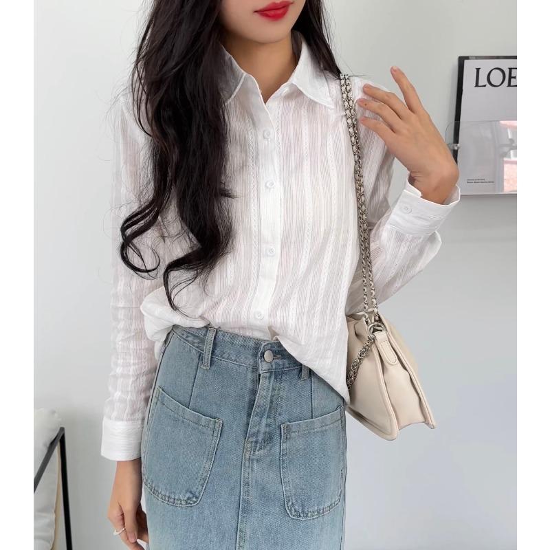 

Spring Elegant Long Sleeve Striped Shirt Women White Spring and Autumn Office Blouse New Casual Simple Tops Loose Lapel Clothing S белый