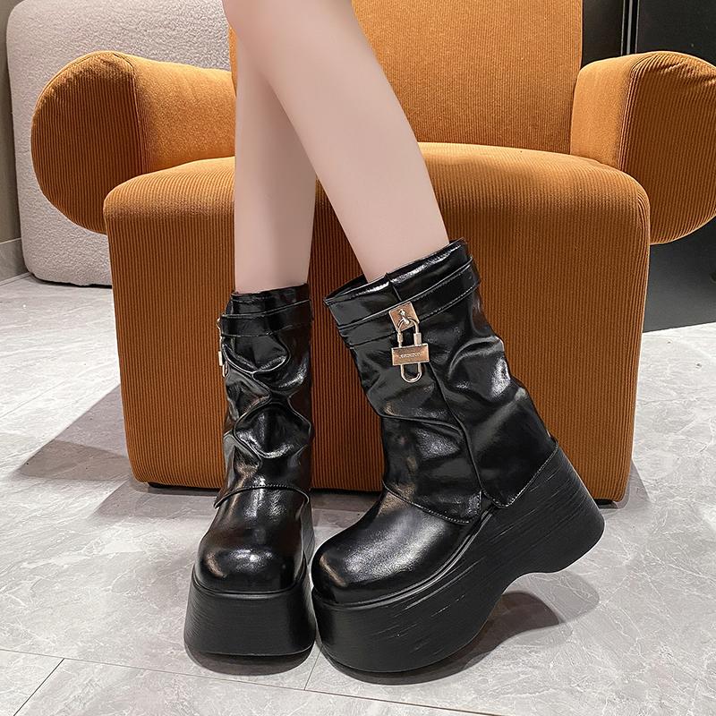 Fashion 10CM Women Chunky Ankle Boots Winter Height Increasing Warm Fur Snow Boots Lace Up Belt Buckle Sneakers Leather Motorcycle Boots