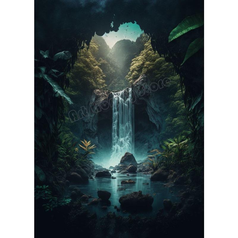 Natürlicher Wasserfall Paradies Grüner Berg Wald See Landschaft Poster Leinwand Malerei Wandkunst Bilder Heimdekor Geschenk