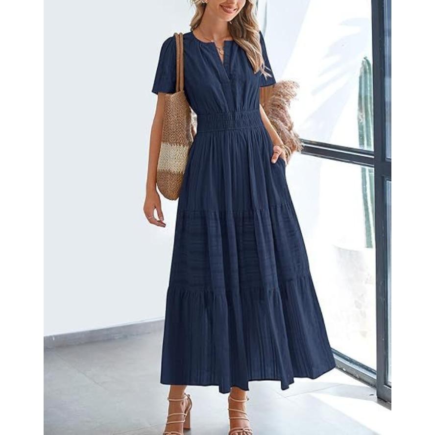 VEZFAA Women's Fashion Summer Spring Solid Color Print Short Sleeve V-Neck High Waist Casual Dresses