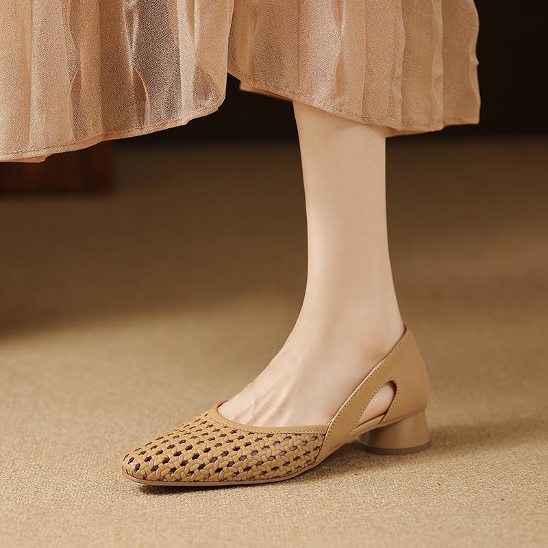 Mode 2025 NEU Sommer Damen Sandalen Stoffschuhe für Damen Runde Zehenpartie Klobiger Absatz Schuhe Zehenbedeckt Slingback-Sandalen Ausgeschnittene Schuhe