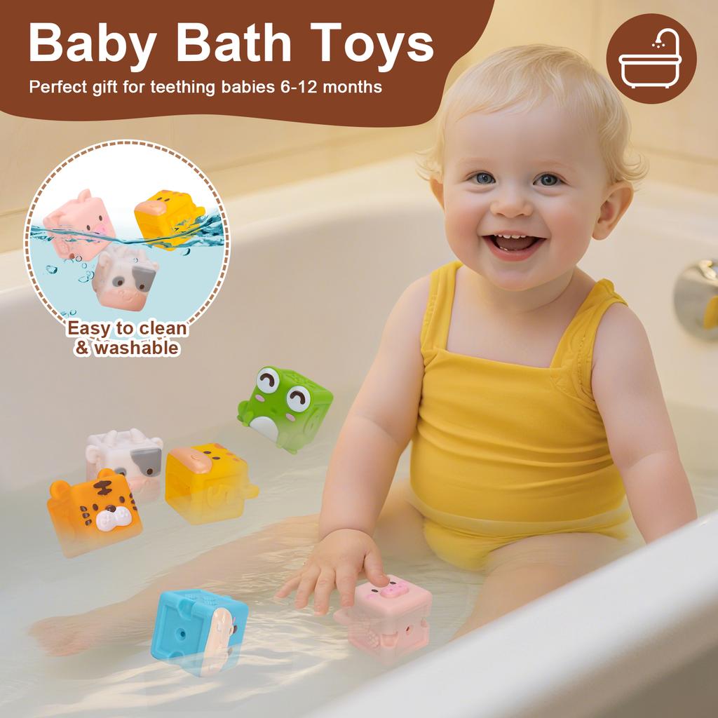 3D Cube Animal Stacking Toys Baby Soft Silicone Building Blocks Toys Bath Toys Toddler Early Educational Sensory Montessori Toys