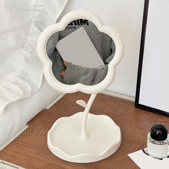 Flower Desk Makeup Mirror with Storage Tray 360 Degrees Rotation Desktop Vanity Mirror Multi-purpose Women Cosmetic Table Mirror Jewelry Organizer