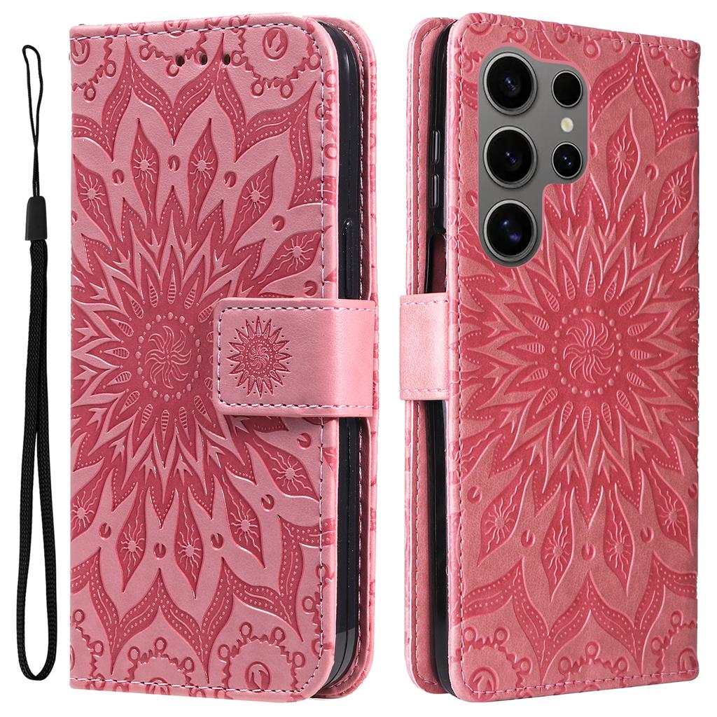 For Samsung Galaxy S25 Ultra Phone Case Sunflower Imprinted Leather Wallet Stand Cover with Strap