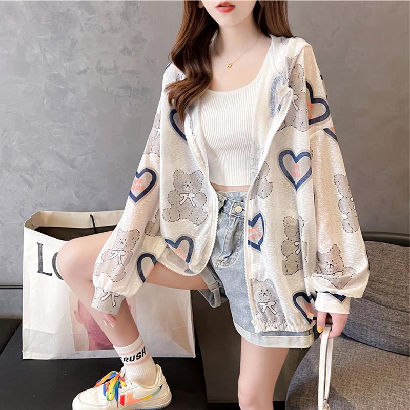 Women's Summer Ice Silk Sun Protection Jacket Thin Breathable Hooded UV Protection Coat Casual Air Conditioner Cardigan Outerwear