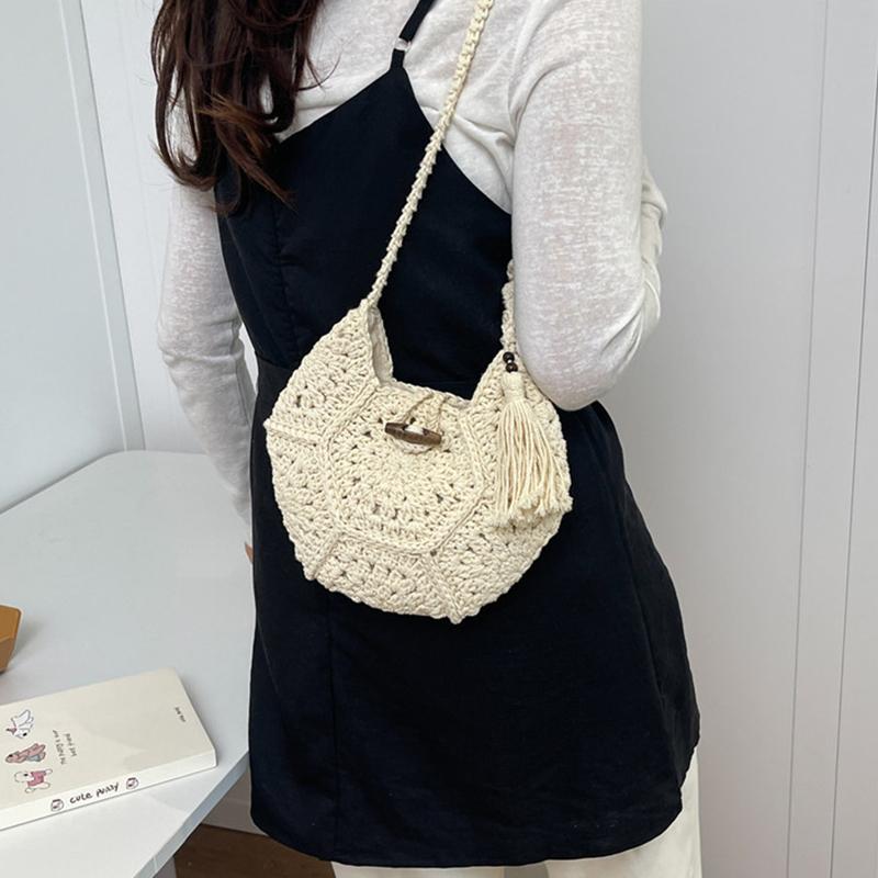 Hand Knitted Bag Women's Lightweight French Artistic Handbag Bucket Woven Shoulder Bag Semicircle Handheld Bag KTB