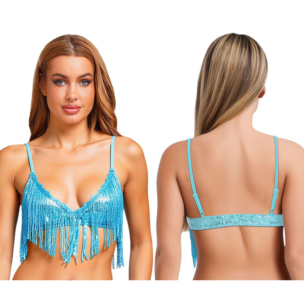 Womens Shiny Sequin Tassel Bra Tops Swing Sequin Fringe No-pad Wireless Bralette Bra Clubwear Dancewear for Belly Dance Disco