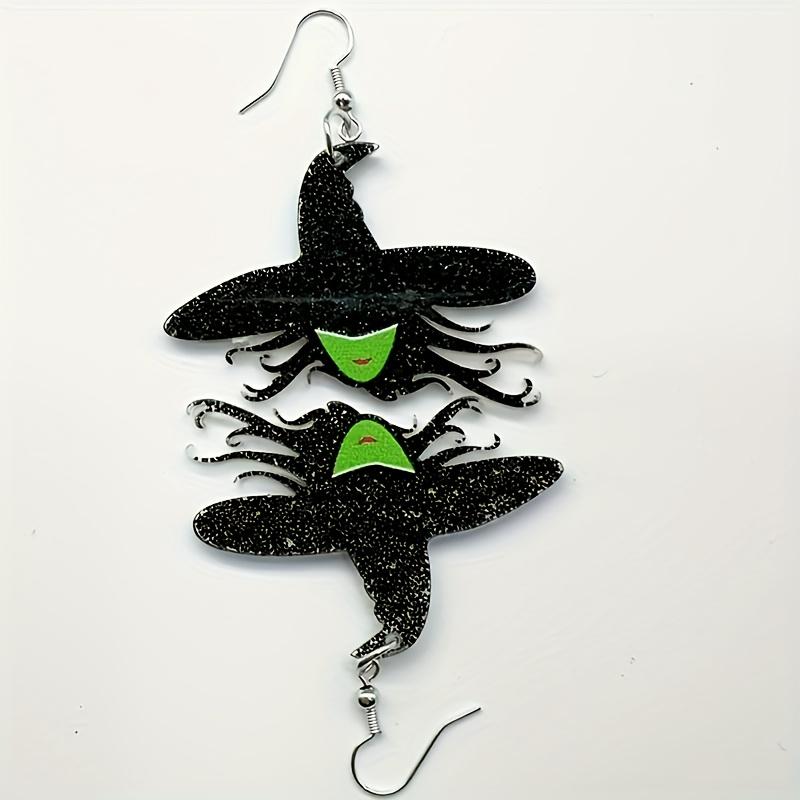 Pair of Black Glitter Witch Earrings with Green Grimace Accents - Punk Style, Perfect for Halloween, Daily Wear, Parties, and Travel