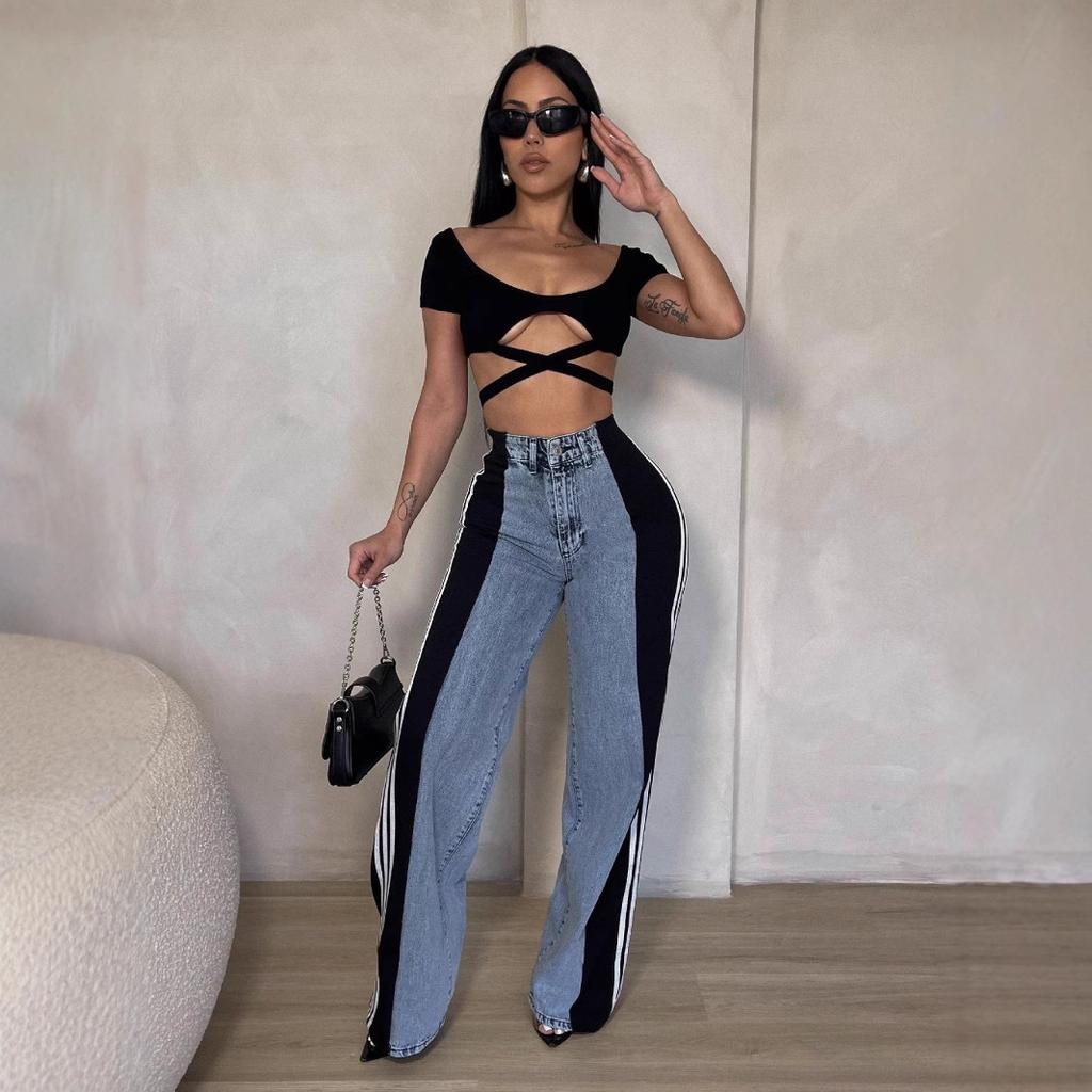 Damenjeans lässig hochtailliert Stretch Spleißen gerade Hose