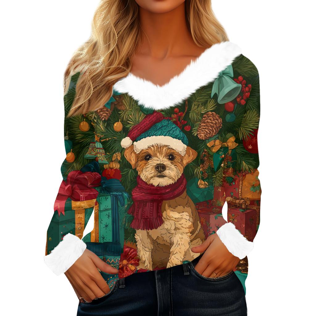 Dámské tričko Tričko Vánoční tričko s dlouhým rukávem Party Vánoční potisk Fleece s límcem s výstřihem do V