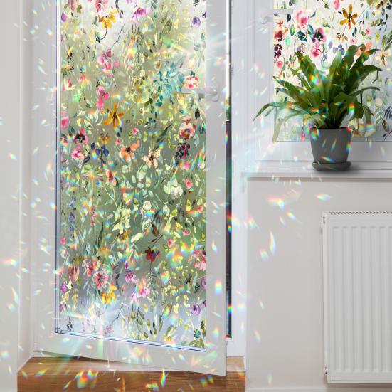 Rainbow Window Film Stain Glass Style Floral Static Clings Non-Adhesive Reusable Window Decals for Living Room Bedroom Kitchen Bathroom