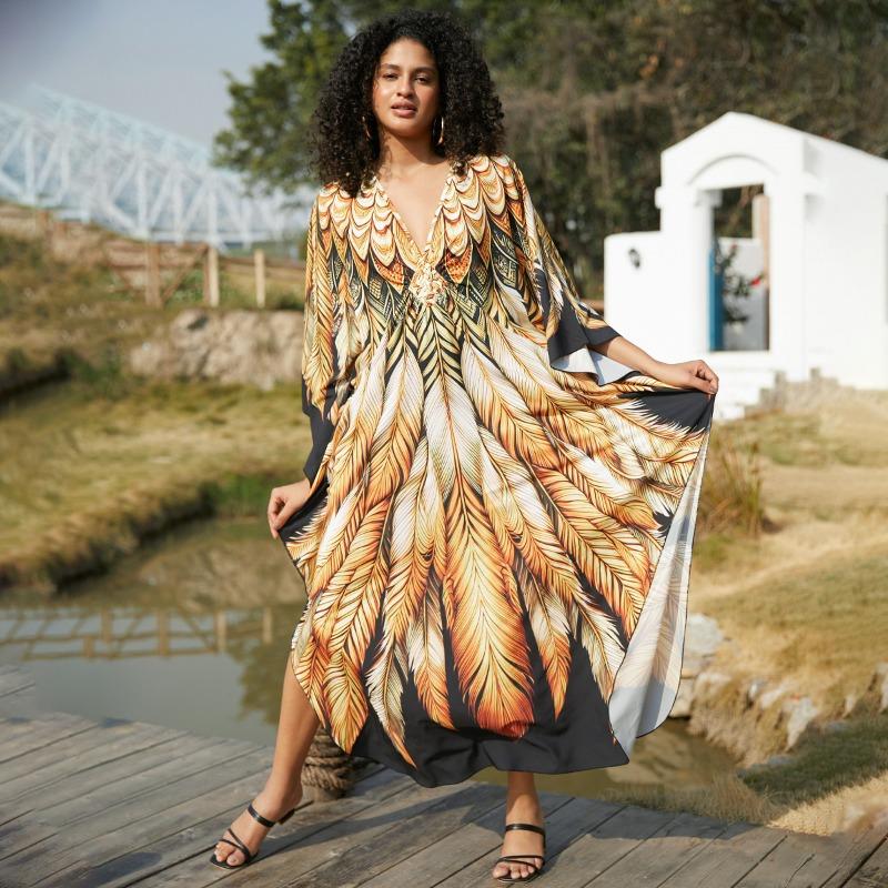 

Женская мода весна осень цветные блоки принт длинный рукав V-образный вырез свободная талия повседневные платья Size: One Size