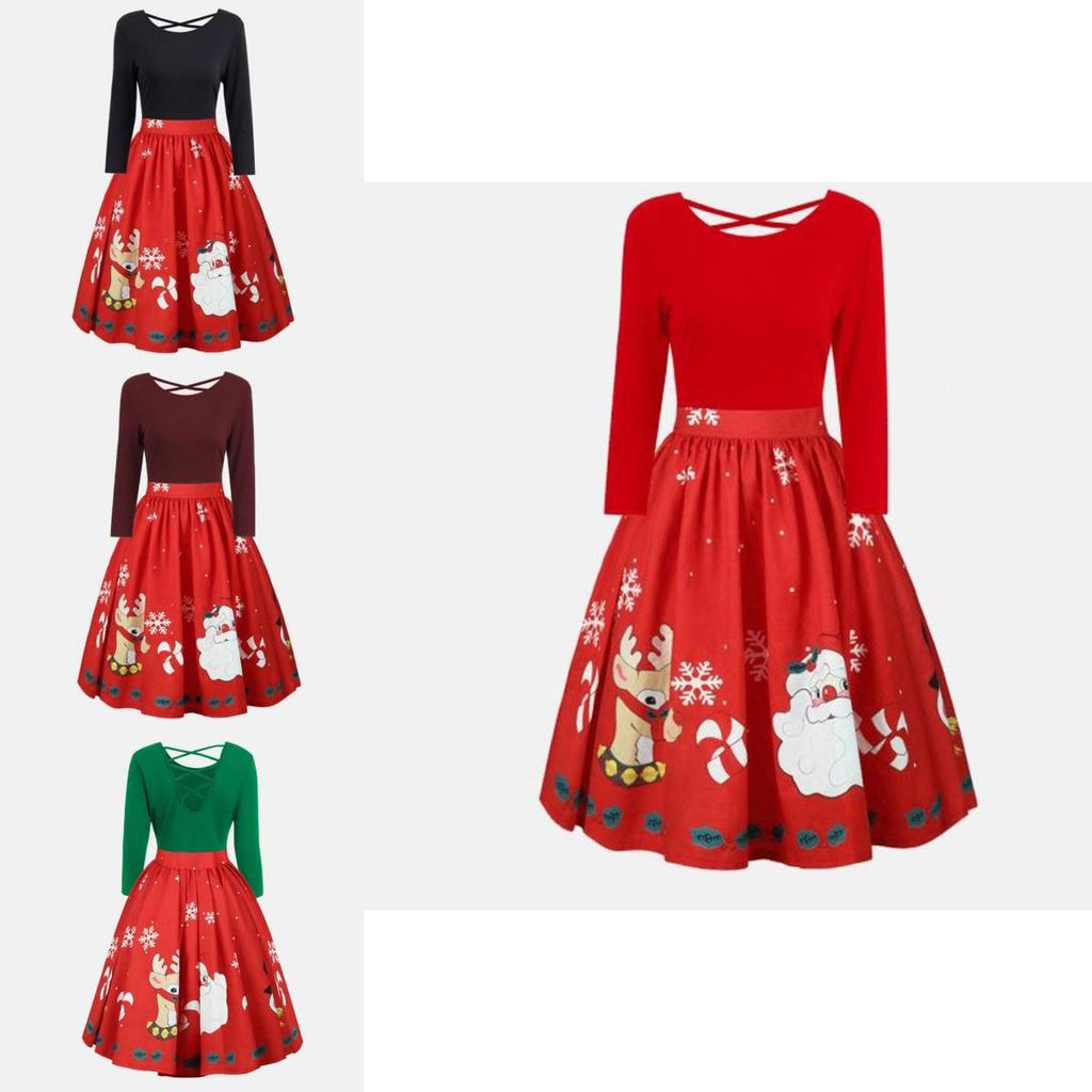 Elegant Womens Fashion Long Sleeve Plus Size Christmas Print Criss Cross Party Dress