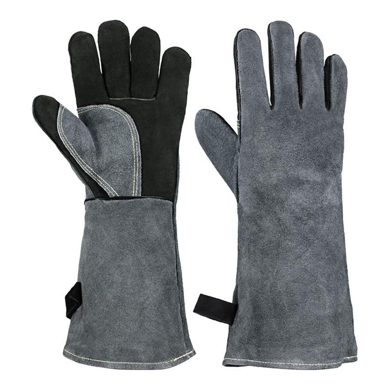 BBQ Gloves Camping and Picnic Leather Heat Insulation High Temperature Resistant Fire Line Long Welder Protective Gloves