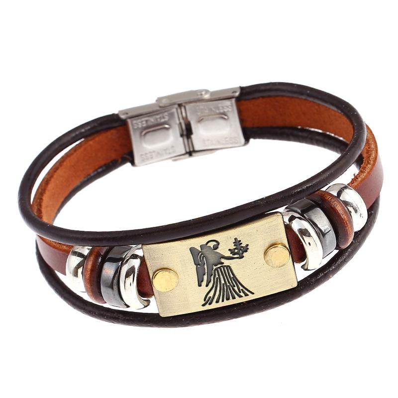 Twelve Constellations Cowhide Bracelet with Stainless Steel Buckle - Genuine Leather