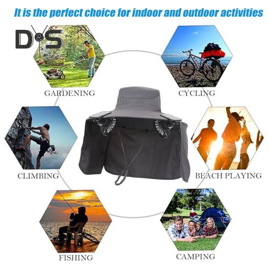 Solar-Ventilator-Hut mit Nackenklappe, LSF 50+, UV-Schutz, Hut mit 2 Solar-Ventilatoren, atmungsaktiv, für Herren, Sommer, Outdoor-Aktivitäten, Angeln, breite Krempe