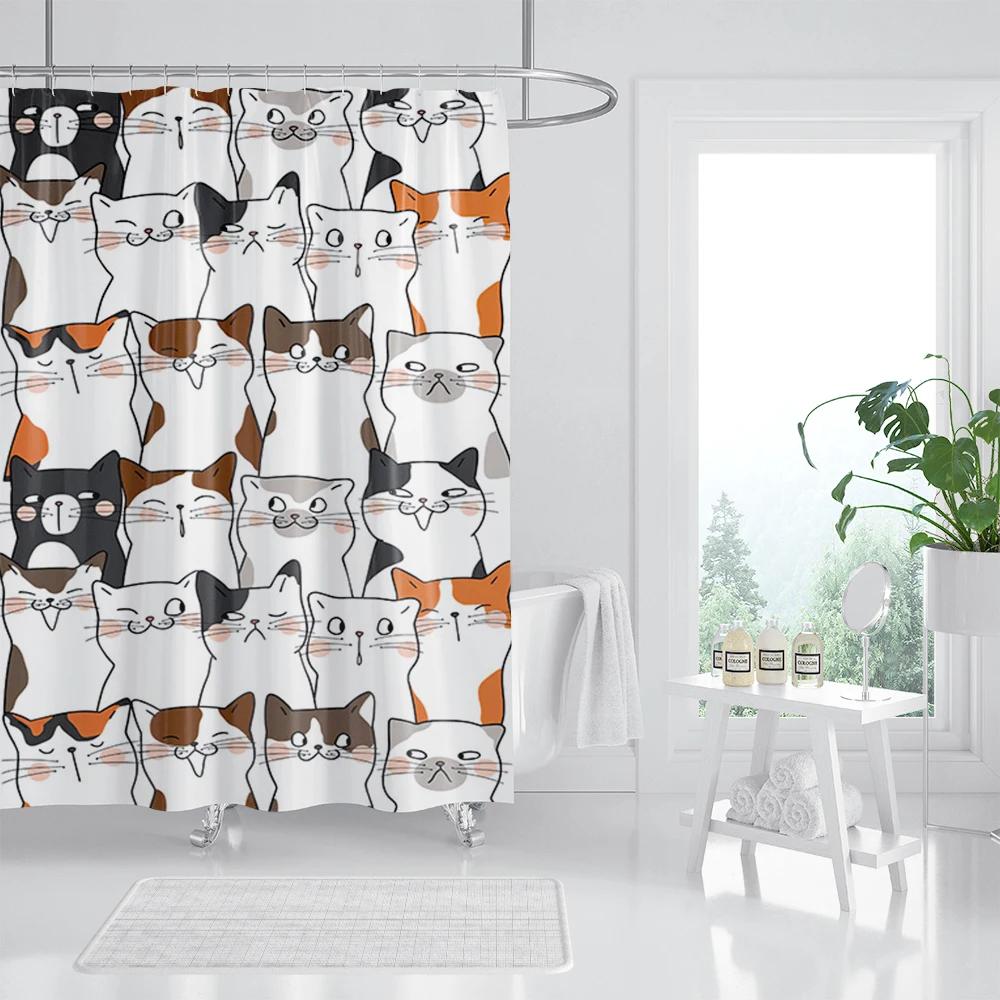 Cat Printed Shower Curtain Color Cartoon Lovely Animal Bear Polyester Fabric Hanging Curtains Bathroom Bathtub Decor with Hook
