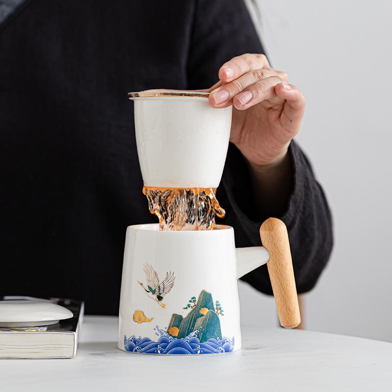 Ceramic Tea Cup with Lid Tea Separation Cup Filter Water Cup Creative Wooden Handle Cup Office Cup Gift Cup Guochao